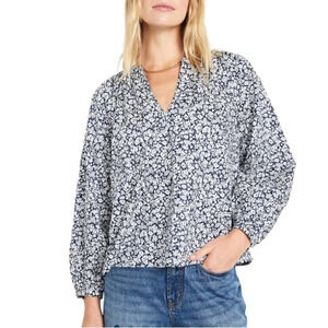 OLD NAVY Liberty Floral Peasant Top Long Balloon Sleeve Split V Neck Navy XXL
